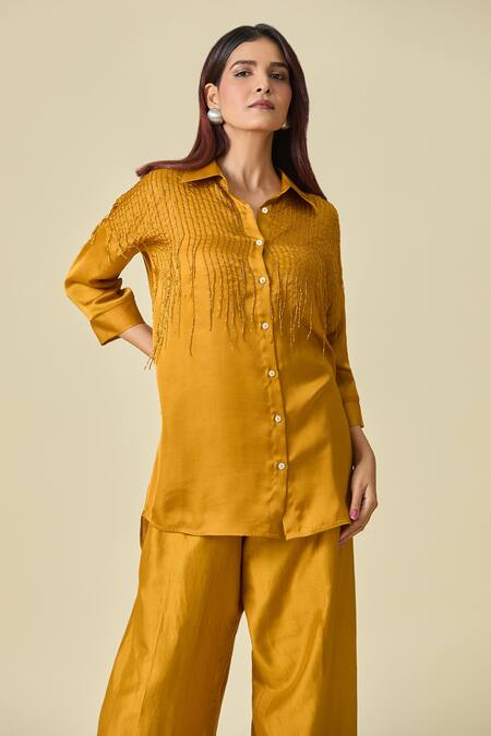 Shweta Kapoor_Brown Beads Collared Embroidered Shirt _at_Aza_Fashions