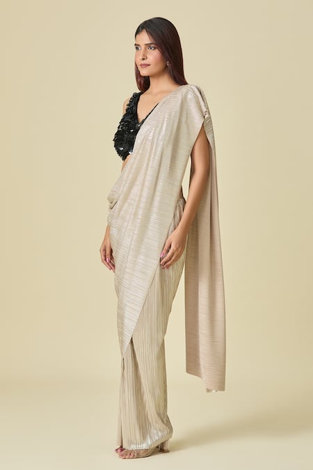 Buy_Shweta Kapoor_Gold Metallic Stripe Textured Pre-draped Saree _Online_at_Aza_Fashions