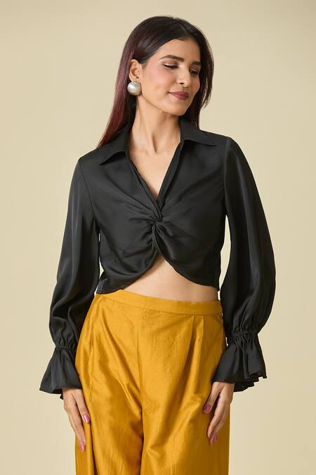 Shop_Shweta Kapoor_Black Collared Twisted Front Cropped Shirt _Online_at_Aza_Fashions
