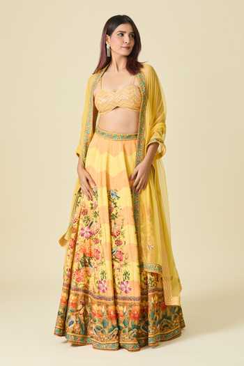 Kalista Yellow Sequins, Beads, Embroidery Sweetheart Floral Chevron Print Lehenga Set Online at Aza Fashions Kalista_Yellow Sequins, Beads, Embroidery Sweetheart Floral Chevron Print Lehenga Set _Online_at_Aza_Fashions