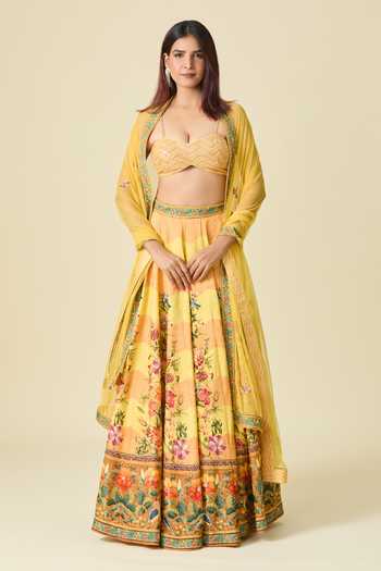 Buy Kalista Yellow Sequins, Beads, Embroidery Sweetheart Floral Chevron Print Lehenga Set Online at Aza Fashions Buy_Kalista_Yellow Sequins, Beads, Embroidery Sweetheart Floral Chevron Print Lehenga Set _Online_at_Aza_Fashions