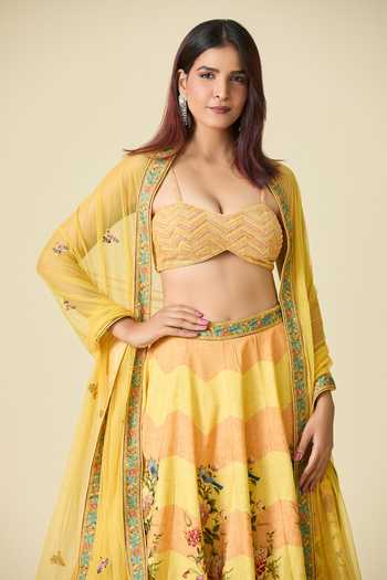 Shop Kalista Yellow Sequins, Beads, Embroidery Sweetheart Floral Chevron Print Lehenga Set Online at Aza Fashions Shop_Kalista_Yellow Sequins, Beads, Embroidery Sweetheart Floral Chevron Print Lehenga Set _Online_at_Aza_Fashions