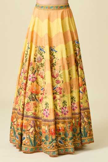 Kalista Yellow Sequins, Beads, Embroidery Sweetheart Floral Chevron Print Lehenga Set at Aza Fashions Kalista_Yellow Sequins, Beads, Embroidery Sweetheart Floral Chevron Print Lehenga Set _at_Aza_Fashions