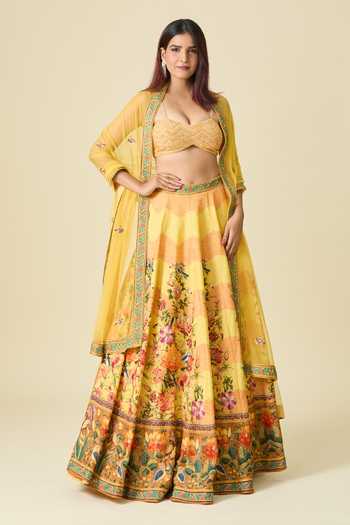 Buy Kalista Yellow Sequins, Beads, Embroidery Sweetheart Floral Chevron Print Lehenga Set Buy_Kalista_Yellow Sequins, Beads, Embroidery Sweetheart Floral Chevron Print Lehenga Set