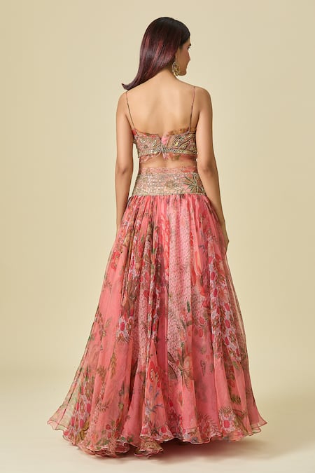 Shop Mahima Mahajan Pink Chiffon, Georgette Sequins, Beads, Mirrors Floral Vine Print Lehenga Set at Aza Fashions Shop_Mahima Mahajan_Pink Chiffon, Georgette Sequins, Beads, Mirrors Floral Vine Print Lehenga Set_at_Aza_Fashions