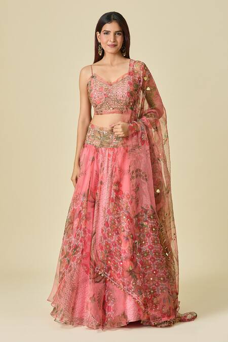 Shop Mahima Mahajan Pink Chiffon, Georgette Sequins, Beads, Mirrors Floral Vine Print Lehenga Set Online at Aza Fashions Shop_Mahima Mahajan_Pink Chiffon, Georgette Sequins, Beads, Mirrors Floral Vine Print Lehenga Set_Online_at_Aza_Fashions