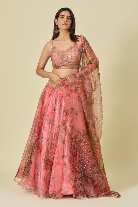 Mahima Mahajan Pink Chiffon, Georgette Sequins, Beads, Mirrors Floral Vine Print Lehenga Set at Aza Fashions Mahima Mahajan_Pink Chiffon, Georgette Sequins, Beads, Mirrors Floral Vine Print Lehenga Set_at_Aza_Fashions