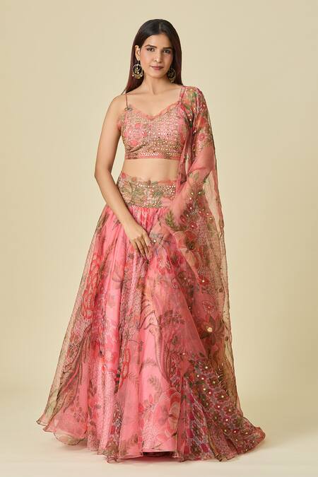 Buy Mahima Mahajan Pink Chiffon, Georgette Sequins, Beads, Mirrors Floral Vine Print Lehenga Set Buy_Mahima Mahajan_Pink Chiffon, Georgette Sequins, Beads, Mirrors Floral Vine Print Lehenga Set
