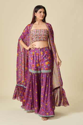 Shop Torani Purple Cotton Lace Floral Print Shrug And Sharara Set Online at Aza Fashions Shop_Torani_Purple Cotton Lace Floral Print Shrug And Sharara Set _Online_at_Aza_Fashions