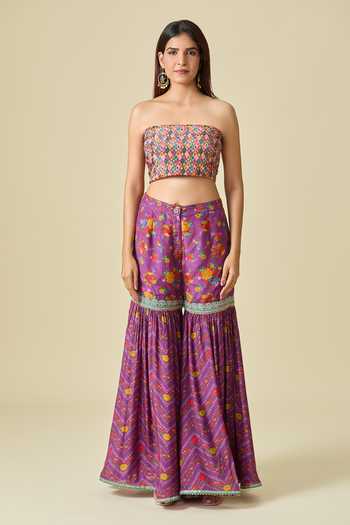 Torani Purple Cotton Lace Floral Print Shrug And Sharara Set at Aza Fashions Torani_Purple Cotton Lace Floral Print Shrug And Sharara Set _at_Aza_Fashions