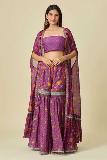 Buy Torani Purple Cotton Lace Floral Print Shrug And Sharara Set Buy_Torani_Purple Cotton Lace Floral Print Shrug And Sharara Set