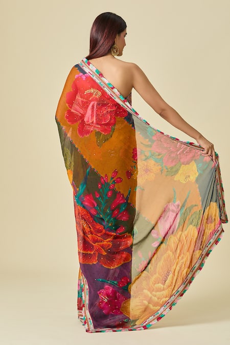 Shop Torani Multi Color Chiffon Embroidery Round Floral Blossom Print Saree And Blouse Set at Aza Fashions Shop_Torani_Multi Color Chiffon Embroidery Round Floral Blossom Print Saree And Blouse Set _at_Aza_Fashions