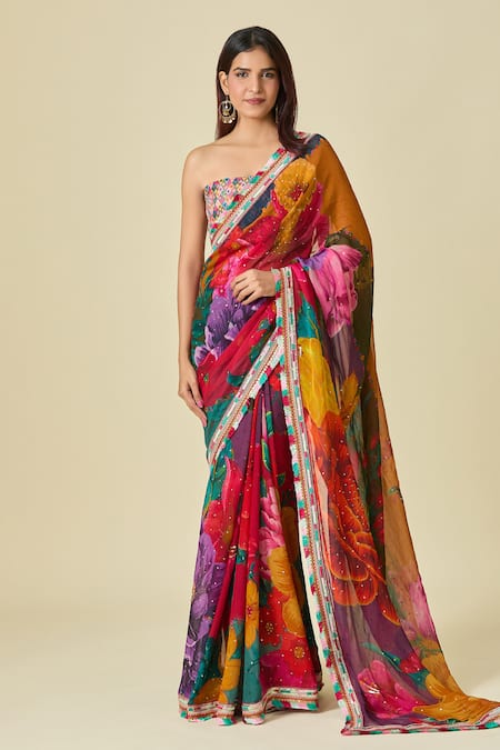 Torani Multi Color Chiffon Embroidery Round Floral Blossom Print Saree And Blouse Set Online at Aza Fashions Torani_Multi Color Chiffon Embroidery Round Floral Blossom Print Saree And Blouse Set _Online_at_Aza_Fashions