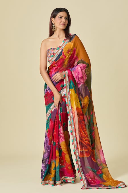 Buy Torani Multi Color Chiffon Embroidery Round Floral Blossom Print Saree And Blouse Set Online at Aza Fashions Buy_Torani_Multi Color Chiffon Embroidery Round Floral Blossom Print Saree And Blouse Set _Online_at_Aza_Fashions