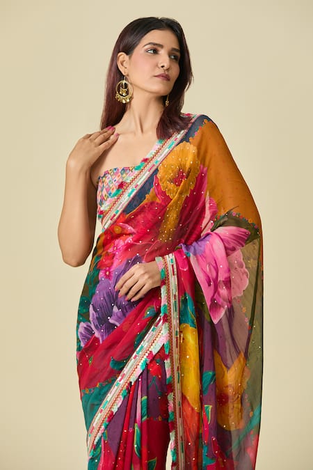 Shop Torani Multi Color Chiffon Embroidery Round Floral Blossom Print Saree And Blouse Set Online at Aza Fashions Shop_Torani_Multi Color Chiffon Embroidery Round Floral Blossom Print Saree And Blouse Set _Online_at_Aza_Fashions