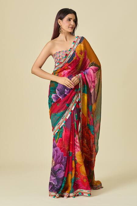 Torani Multi Color Chiffon Embroidery Round Floral Blossom Print Saree And Blouse Set at Aza Fashions Torani_Multi Color Chiffon Embroidery Round Floral Blossom Print Saree And Blouse Set _at_Aza_Fashions