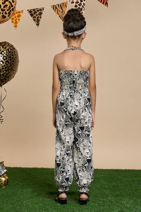 Shop Lil Drama Black Cotton, Poplin Leopard Gaze Print Jumpsuit And Hairband at Aza Fashions Shop_Lil Drama_Black Cotton, Poplin Leopard Gaze Print Jumpsuit And Hairband _at_Aza_Fashions
