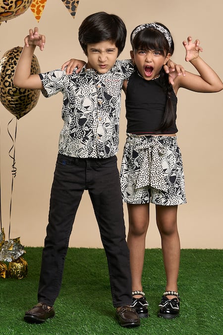 Buy Lil Drama Black Cotton, Poplin Halter Neck Top And Leopard Print Shorts Set Buy_Lil Drama_Black Cotton, Poplin Halter Neck Top And Leopard Print Shorts Set