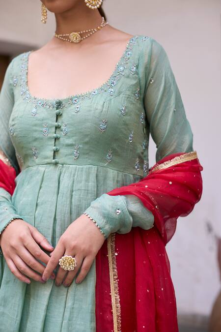 Buy_Vashisht Guru Dutt_Green Chanderi, Silk Organza, Handloom Cotton Bloom Anarkali And Palazzo Set _Online_at_Aza_Fashions