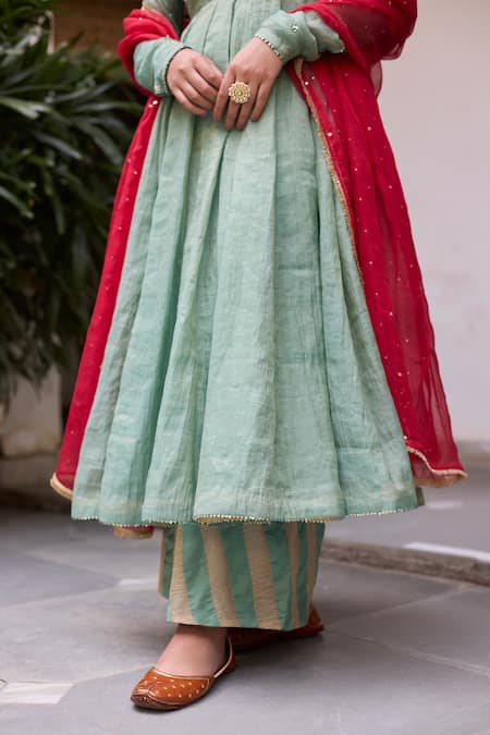 Shop_Vashisht Guru Dutt_Green Chanderi, Silk Organza, Handloom Cotton Bloom Anarkali And Palazzo Set _Online_at_Aza_Fashions