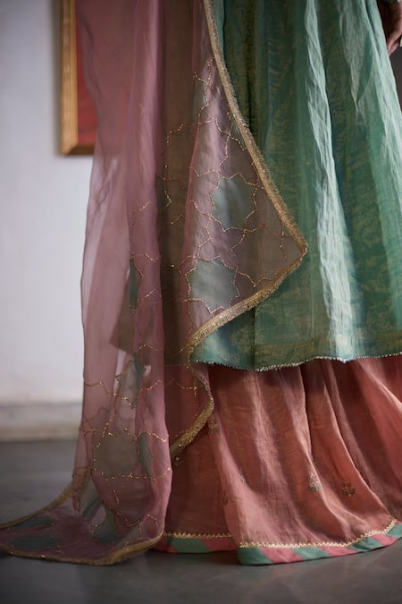 Vashisht Guru Dutt_Green Silk Organza, Tissue, Chanderi Embroidery, Bloom Motif Anarkali Set _Online_at_Aza_Fashions