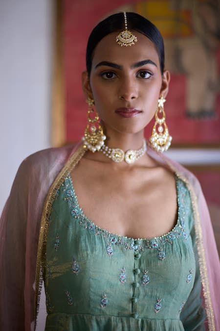 Buy_Vashisht Guru Dutt_Green Silk Organza, Tissue, Chanderi Embroidery, Bloom Motif Anarkali Set _Online_at_Aza_Fashions