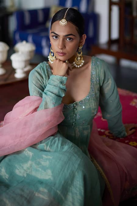 Shop_Vashisht Guru Dutt_Green Silk Organza, Tissue, Chanderi Embroidery, Bloom Motif Anarkali Set _Online_at_Aza_Fashions