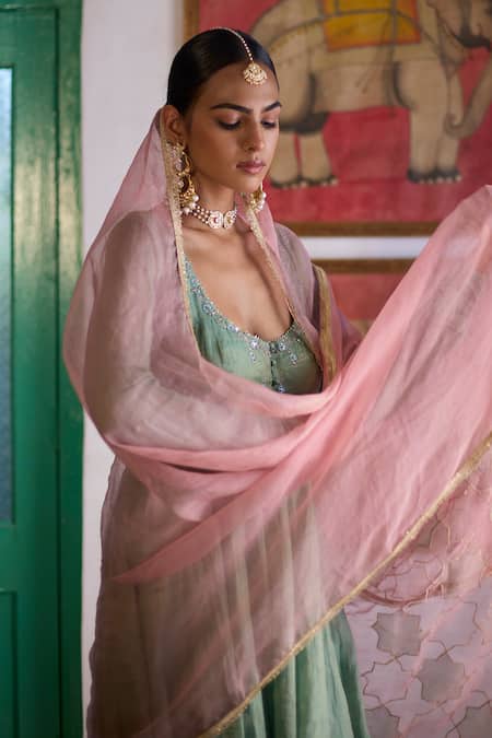 Vashisht Guru Dutt_Green Silk Organza, Tissue, Chanderi Embroidery, Bloom Motif Anarkali Set _at_Aza_Fashions