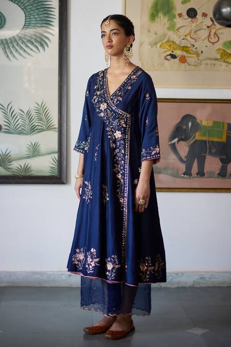 Vashisht Guru Dutt_Blue Silk Organza, Tissue, Chanderi Embroidery, Bloom Crest Anarkali Set _Online_at_Aza_Fashions