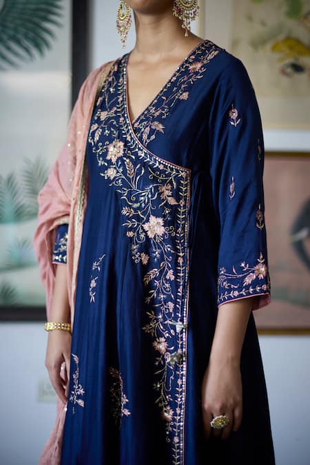 Buy_Vashisht Guru Dutt_Blue Silk Organza, Tissue, Chanderi Embroidery, Bloom Crest Anarkali Set _Online_at_Aza_Fashions