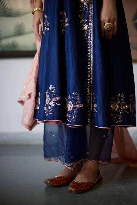 Shop_Vashisht Guru Dutt_Blue Silk Organza, Tissue, Chanderi Embroidery, Bloom Crest Anarkali Set _Online_at_Aza_Fashions