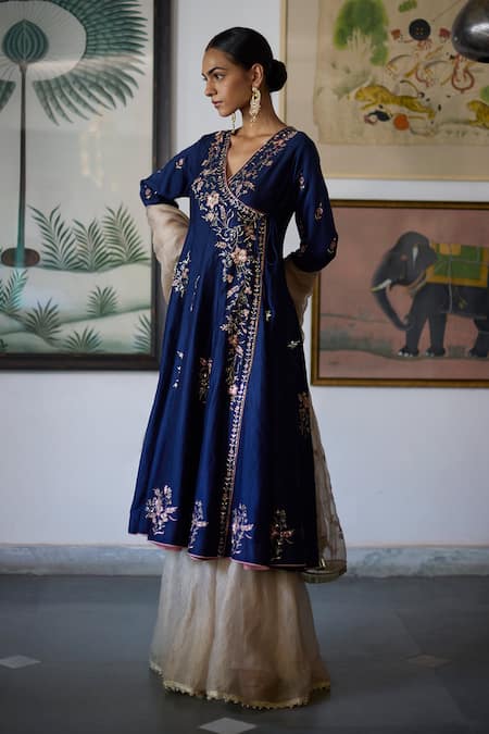 Vashisht Guru Dutt_Blue Silk Organza, Tissue, Chanderi Blossom Crest Anarkali And Sharara Set _Online_at_Aza_Fashions