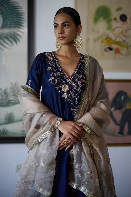 Buy_Vashisht Guru Dutt_Blue Silk Organza, Tissue, Chanderi Blossom Crest Anarkali And Sharara Set _Online_at_Aza_Fashions