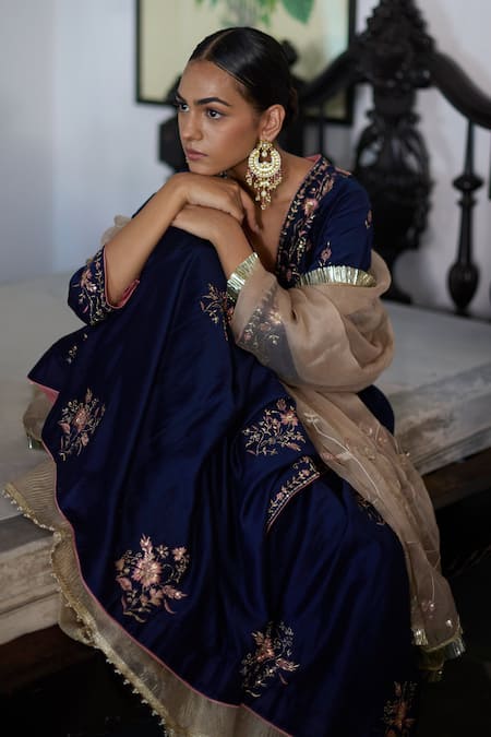 Vashisht Guru Dutt_Blue Silk Organza, Tissue, Chanderi Blossom Crest Anarkali And Sharara Set _at_Aza_Fashions