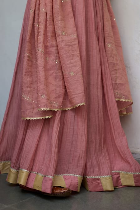 Vashisht Guru Dutt_Pink Silk, Chanderi Pearls, Sequins Round Neck Bloom Embroidered Anarkali Set _Online_at_Aza_Fashions