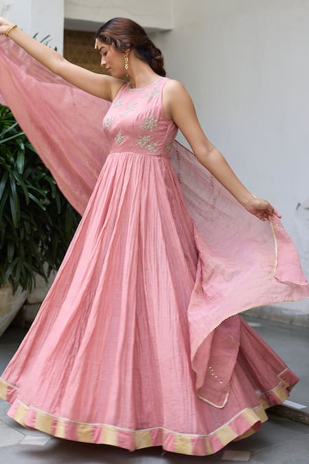 Shop_Vashisht Guru Dutt_Pink Silk, Chanderi Pearls, Sequins Round Neck Bloom Embroidered Anarkali Set _Online_at_Aza_Fashions