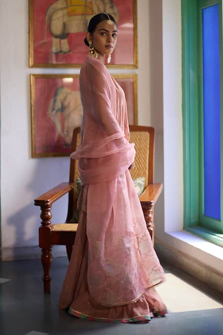 Buy_Vashisht Guru Dutt_Pink Silk Organza, Handloom Cotton, Chanderi Sequins, Bahar Kurta And Sharara Set _Online_at_Aza_Fashions