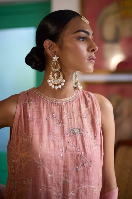 Shop_Vashisht Guru Dutt_Pink Silk Organza, Handloom Cotton, Chanderi Sequins, Bahar Kurta And Sharara Set _Online_at_Aza_Fashions