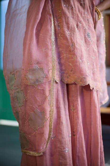 Vashisht Guru Dutt_Pink Silk Organza, Handloom Cotton, Chanderi Sequins, Bahar Kurta And Sharara Set _at_Aza_Fashions