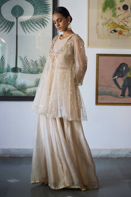 Vashisht Guru Dutt_Beige Organza, Tulle, Crepe Beads, Gul Embroidered Anarkali And Sharara Set _Online_at_Aza_Fashions
