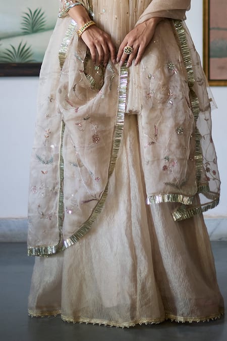Buy_Vashisht Guru Dutt_Beige Organza, Tulle, Crepe Beads, Gul Embroidered Anarkali And Sharara Set _Online_at_Aza_Fashions