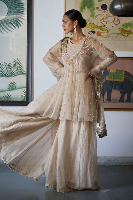 Shop_Vashisht Guru Dutt_Beige Organza, Tulle, Crepe Beads, Gul Embroidered Anarkali And Sharara Set _Online_at_Aza_Fashions