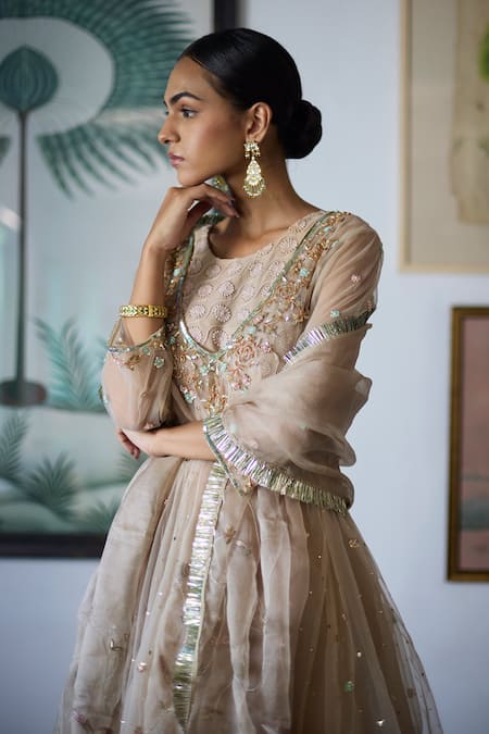 Vashisht Guru Dutt_Beige Organza, Tulle, Crepe Beads, Gul Embroidered Anarkali And Sharara Set _at_Aza_Fashions