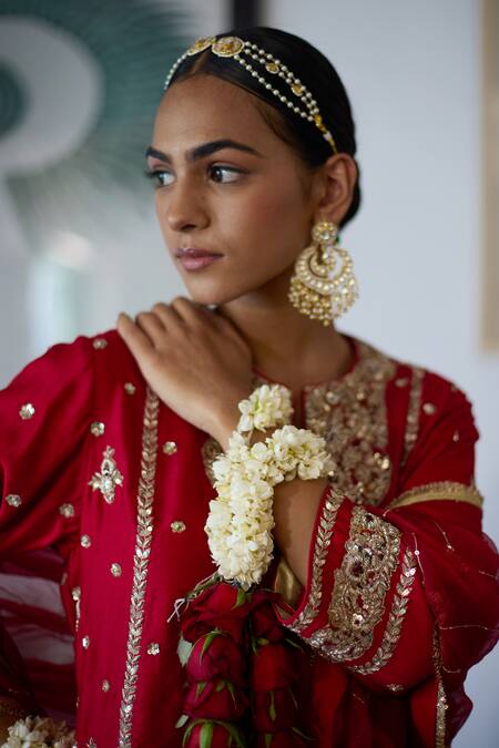 Vashisht Guru Dutt_Red Silk Organza, Wool Pearls, Sequins, Gullista Zardozi Embroidered Kurta Set _Online_at_Aza_Fashions