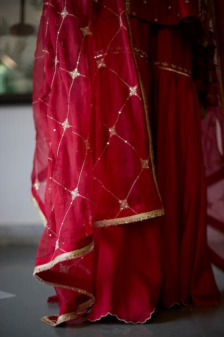 Shop_Vashisht Guru Dutt_Red Silk Organza, Wool Pearls, Sequins, Gullista Zardozi Embroidered Kurta Set _Online_at_Aza_Fashions