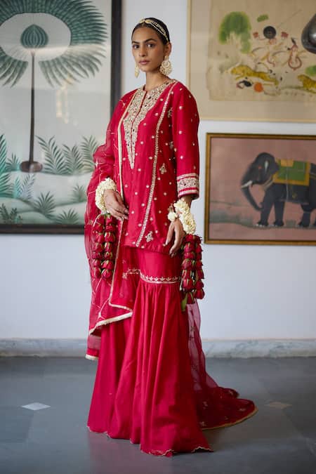 Vashisht Guru Dutt_Red Silk Organza, Wool Pearls, Sequins, Gullista Zardozi Embroidered Kurta Set _at_Aza_Fashions