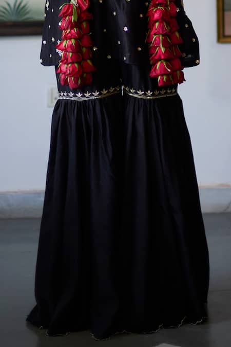Vashisht Guru Dutt_Black Silk Organza, Wool, Chanderi Gullista Embroidered Kurta And Gharara Set _Online_at_Aza_Fashions