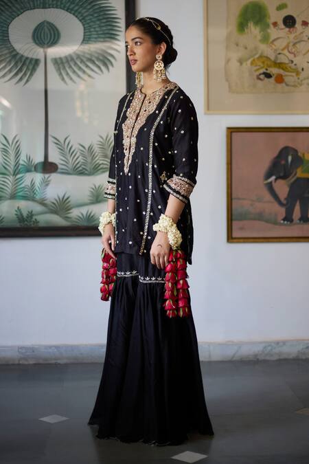 Buy_Vashisht Guru Dutt_Black Silk Organza, Wool, Chanderi Gullista Embroidered Kurta And Gharara Set _Online_at_Aza_Fashions