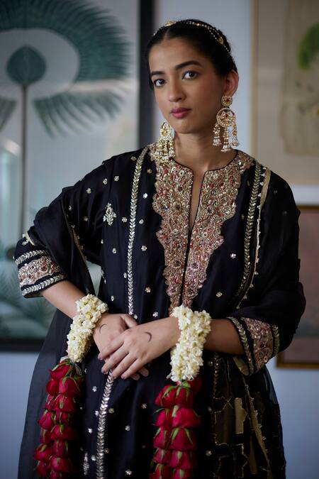 Shop_Vashisht Guru Dutt_Black Silk Organza, Wool, Chanderi Gullista Embroidered Kurta And Gharara Set _Online_at_Aza_Fashions