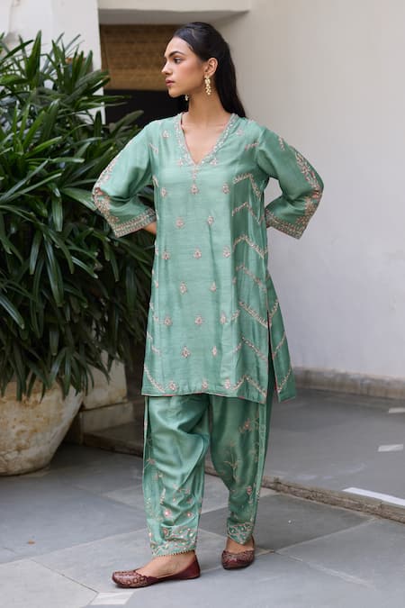 Shop_Vashisht Guru Dutt_Green Silk, Tulle Zari, Sequins, Pearls Floret Embroidered Kurta And Salwar Set _Online_at_Aza_Fashions